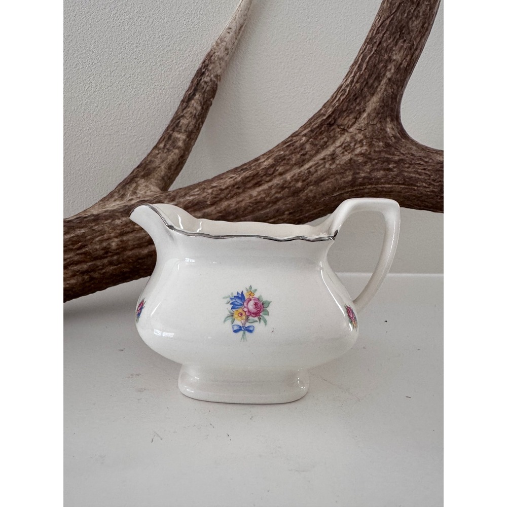 WS George Lido White Creamer Pitcher Vintage Floral Silver Trim Made in USA 134A